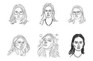 A set of six different women's faces drawn in a line vector