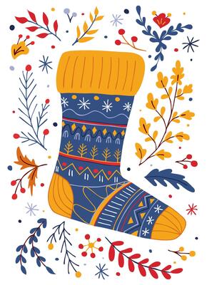 Christmas sock with patterns surrounded by seasonal foliage and festive elements