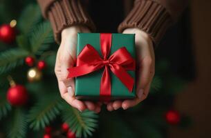 Women's hands hold a gift box decorated with a red ribbon on the background of a Christmas tree. The perfect image for festive and New Year's projects photo
