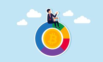 A businessman with a laptop sits on a ring chart labeled with bitcoin, illustrating the analysis, monitoring, and evaluation of bitcoin performance. vector