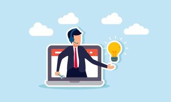 A businessman acting as customer service is on a laptop, showing a light bulb, illustration of a business solution or innovative business idea vector