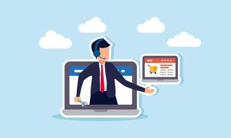 A businessman acting as customer service is on a laptop, showing a marketplace website, illustration of evaluation and maintenance of the marketplace website vector