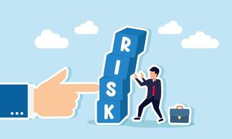 A businessman is alert to a hand pushing a stack of boxes labeled RISK that is about to fall, illustrating awareness of potential business risks vector