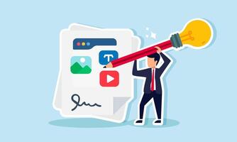 A businessman is writing on a paper about multimedia with a variety of lighted pencils, illustration of designing innovative multimedia promotion strategies vector