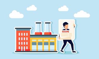 A businessman stands next to a factory holding a resume paper, illustrating an attractive performance portfolio for the factory vector