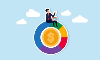 A businessman with a laptop sits on a ring chart labeled with dollar coins, illustrating the analysis, monitoring, and evaluation of dollar performance. vector
