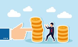 A businessman is alert to a hand pushing a stack of coins that is about to topple, illustrating caution against potential investment asset loss vector