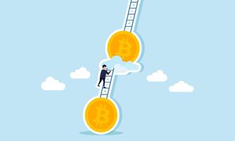 A businessman climbing a ladder connected to bitcoin, illustration of step-by-step accumulation of bitcoin assets vector