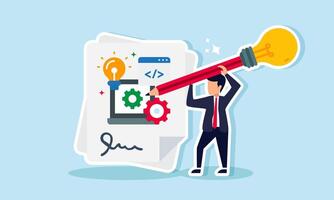 A businessman is writing on a paper about programming with a variety of lighted pencils, illustration of designing innovative and user-friendly application programs vector