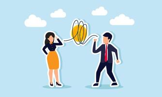 A businessman talks to a businesswoman through a complex web of ropes surrounding Bitcoin, illustrating the challenges in sharing information about Bitcoin. vector