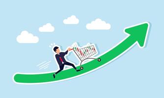 A businessman is pushing a cart filled with a graphic chart of stocks up an arrow, illustrating the increase in stock asset value vector