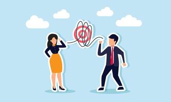 A businessman talks to a businesswoman through a complex web of ropes surrounding a target board, illustrating the difficulty in sharing business targets vector