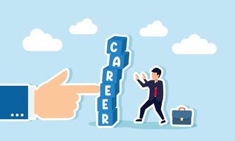 A businessman is cautious of a hand pushing a stack of boxes labeled CAREER that is about to fall, illustrating awareness of potential career risks for employees or entrepreneurs vector