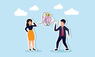 A businessman talks to a businesswoman through a complex web of ropes surrounding a piggy bank, illustrating the difficulty in sharing investment methods vector