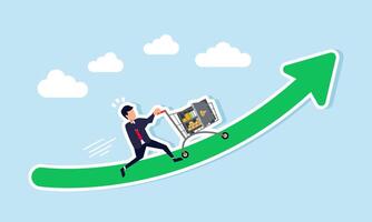 A businessman is pushing a cart filled with a safe of gold and money up an arrow, illustrating the increase in asset wealth vector