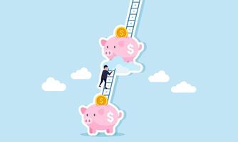 A businessman climbing a ladder connected to a piggy bank, illustration of step-by-step investing or applying a dollar cost averaging investment strategy vector