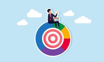 A businessman with a laptop sits on a ring chart labeled with a target board, illustrating the analysis, monitoring, and evaluation of business performance targets. vector