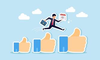 A businessman jumping over stacked thumbs-up signs while holding a schedule calendar, illustration of receiving appreciation for successfully completing tasks on time vector