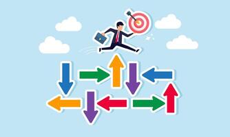 A businessman jumps over irregular arrows while holding a target board, illustration of focusing on completing business project targets unaffected by uncertain financial policies vector