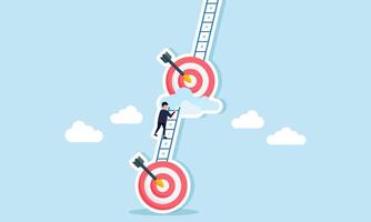 A businessman climbing a ladder connected to a target board, illustration of step-by-step completion of company business targets vector