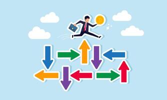 A businessman jumps over a cluster of irregular arrows holding a bitcoin, illustration of securing bitcoin assets from potential losses due to uncertain financial policy vector