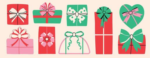 New year present set. Set of gift boxes different shapes and sizes. Boxes with ribbon Set in Trendy Flat style. Gift wrapping simple elements on beige background. vector
