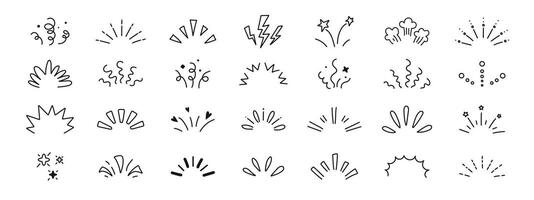 Line confetti exclamation icon elements. Doodle line rays. Abstract radial sunburst light shine spark explosion elements. Hand drawn sun burst sparkle collection. vector