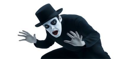 mime artist performing dramatic gesture as if trapped in an invisible box wearing black outfit and hat on isolated background png