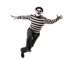 mime performing a funny routine walking against the wind in black and white striped costume on isolated background png