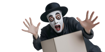 mime artist performing dramatic expression with hands raised as if trapped in an invisible box wearing a black hat and coat on isolated background png