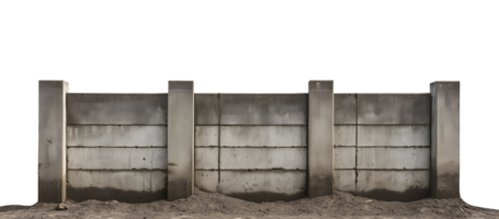 concrete block wall fence on isolated background standing on dirt ground with weathered texture and industrial design png