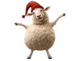 funny sheep wearing a tiny red jester's hat standing on hind legs on isolated background in playful pose cartoon style with fluffy wool for holiday and festive design png