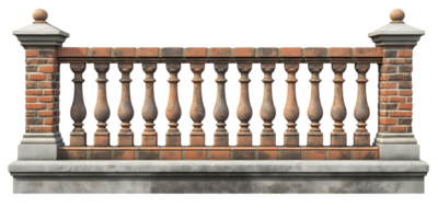 short brick fence with decorative columns and balusters set on a concrete base on isolated background png