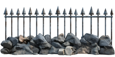 steel security fence with pointed tops and rock base on isolated background png