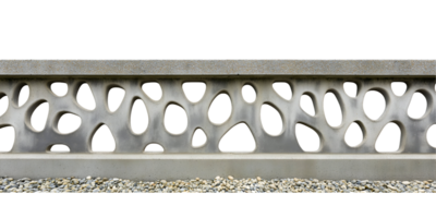 concrete fence with decorative cutouts on isolated background set on gravel base with modern design and organic patterns png