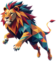 Geometric cubism lion art with angular shapes and vibrant colors. . png