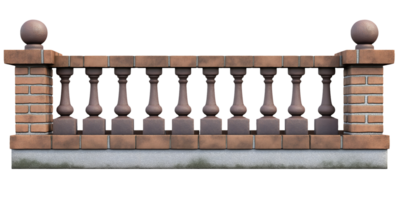 short brick fence with decorative columns and stone balusters on concrete base on isolated background png