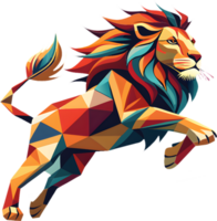 Colorful abstract cubism lion design with sharp geometric elements. . png