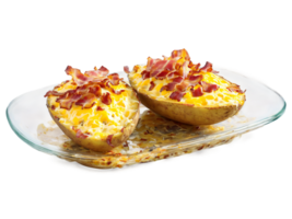 Potato skins loaded with cheese and bacon served on a transparent glass plate pub grub png
