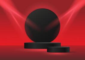 Red room with black stage podium illuminated by spotlights. Empty round podium with illuminated red projector. Product concept. Black Friday, promotions, sale, showcase podium. 3D illustration vector