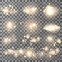 Shining Glowing light star and sparks with a highlight effect set, golden bokeh lights glitter and sequins. Glowing light sparkles with bokeh dust Christmas holidays design glow elements. vector