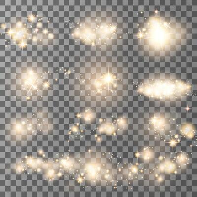 Shining Glowing light star and sparks with a highlight effect set, golden bokeh lights glitter and sequins. Glowing light sparkles with bokeh dust Christmas holidays design glow elements.