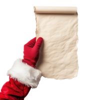 Santa Claus holding a blank scroll with a festive red and white glove, isolated on transparent background. png