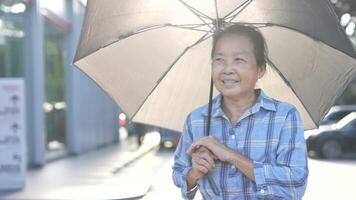 Asian old woman walks with umbrella on a hot, sunny day. video