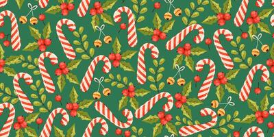 Festive Candy Cane and Holly Seamless Pattern in Hand-Drawn Style. Perfect for Christmas wrapping paper, decorations, and holiday-themed design projects vector