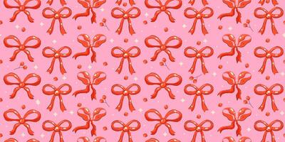 Cute Seamless Pattern with Red Ribbons and Berries on a Pink Background in Hand-Drawn Style. Ideal for festive designs, gift wrapping, and decorative projects vector