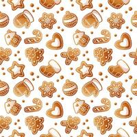 Seamless pattern with Christmas gingerbread cookies of different shapes on a white background. Christmas cookies with white icing. Design for Christmas packaging, textiles, wallpapers and backgrounds. vector