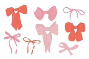 Set of hand drawn bows in various shapes and sizes in soft pink and red tones isolated on white background vector