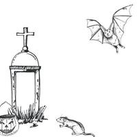 Halloween, cemetery monument, rat, pumpkin with face, bat, all objects are hand drawn with ink and transferred to . Halloween frame. For printing on invitations, for posters, posters vector