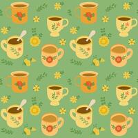 Whimsical seamless pattern with tea cups and mugs and flowers and leaves on green background. Cozy hand drawn illustration for textile, fabric, wrapping vector